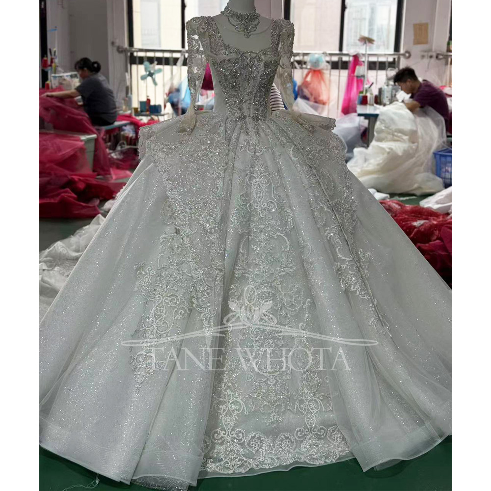 Embroidery Organza - Crystal Sequined Bridal Dress O-Neck Long