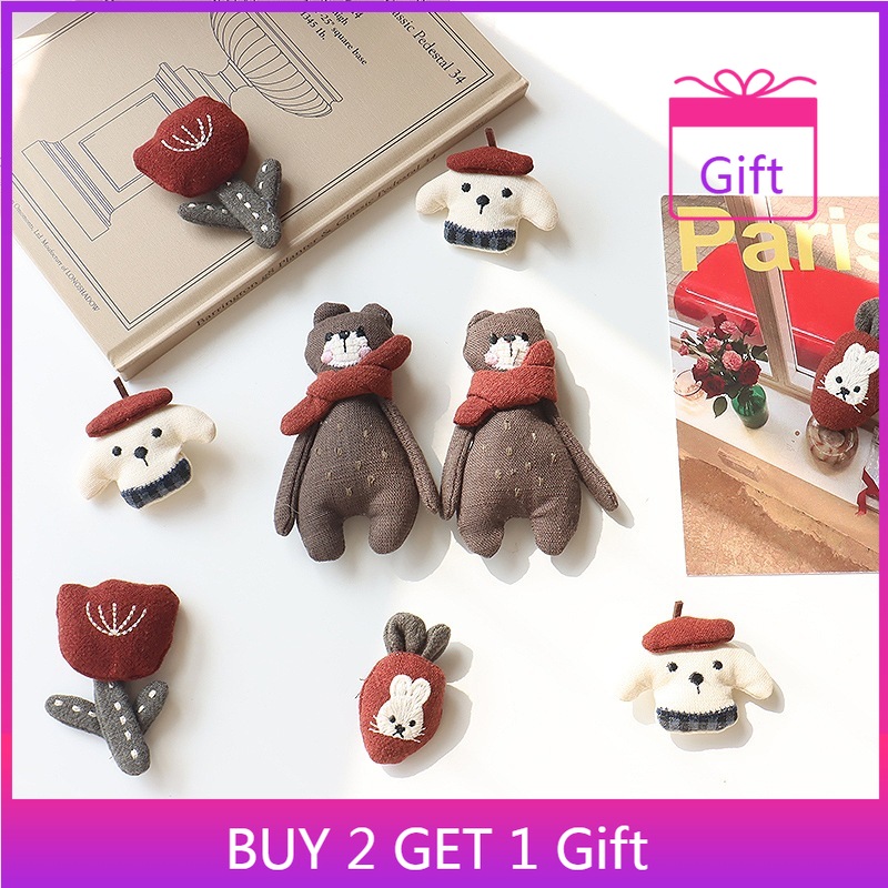 Embroidery Rabbit - Bunny Brooch Red Scarf Bear Tulip
