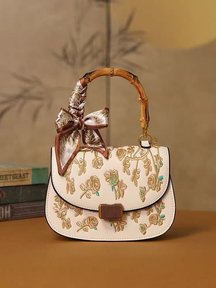 Embroidery Texture - High Quality Bamboo Handle Women Handbag