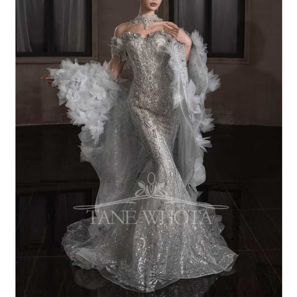 Embroidery Organza - Sweetheart Off-Shoulder Embroidery Beading Sequined Crystal