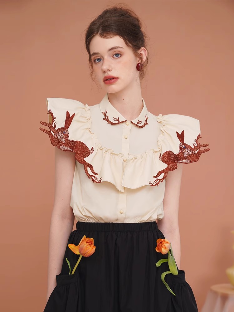 Embroidery Rabbit - Rabbit Embroidered Shirt for Women, Exquisite