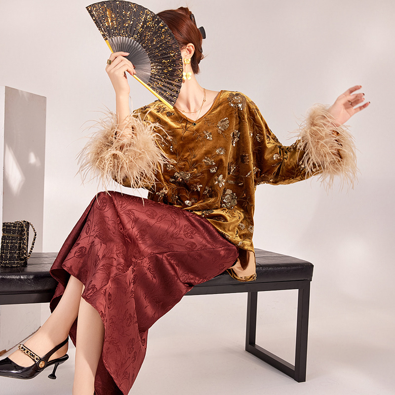 2025 Winter Feather Cuff Blous - Embroidery Blouse ulasan dan harga