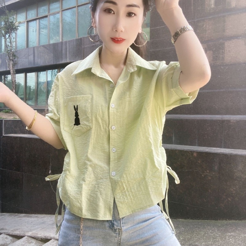 Women Green Short Sleeve Shirt - Embroidery Rabbit ulasan dan harga