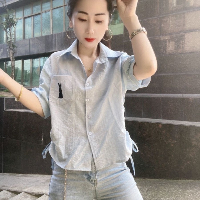 Women Green Short Sleeve Shirt - Embroidery Rabbit ulasan dan harga