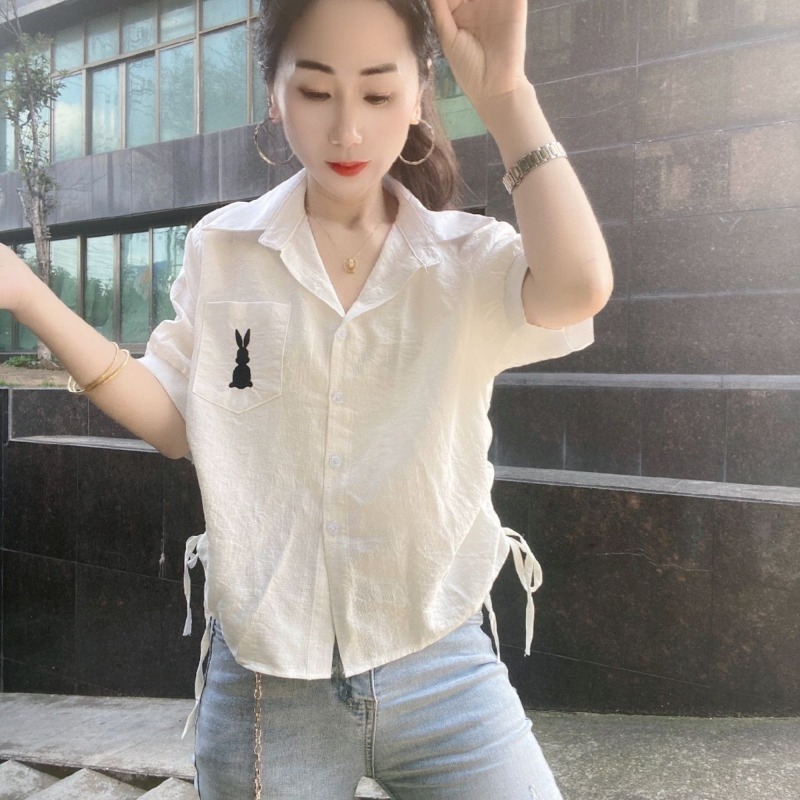Women Green Short Sleeve Shirt - Embroidery Rabbit ulasan dan harga