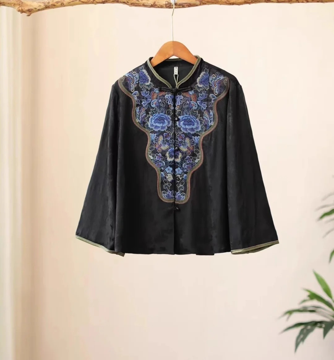 Luxury spring blouse for women - Embroidery On Black Shirt ulasan dan harga
