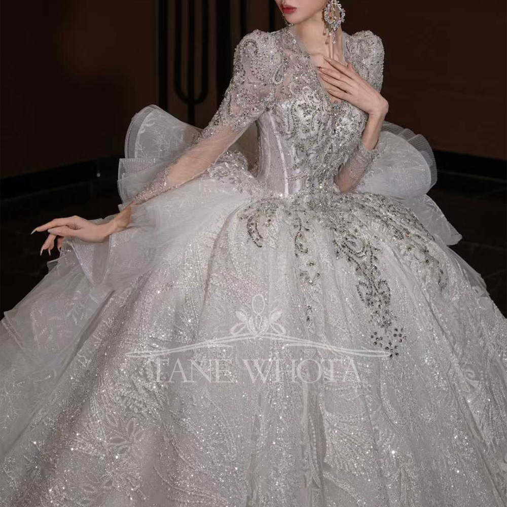 Luxury V Neck Wedding Dress Lo - Embroidery Organza ulasan dan harga