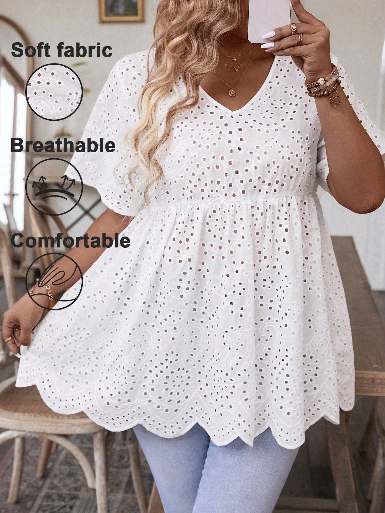 Women's Plus Size White Eyelet - Embroidery Blouse ulasan dan harga