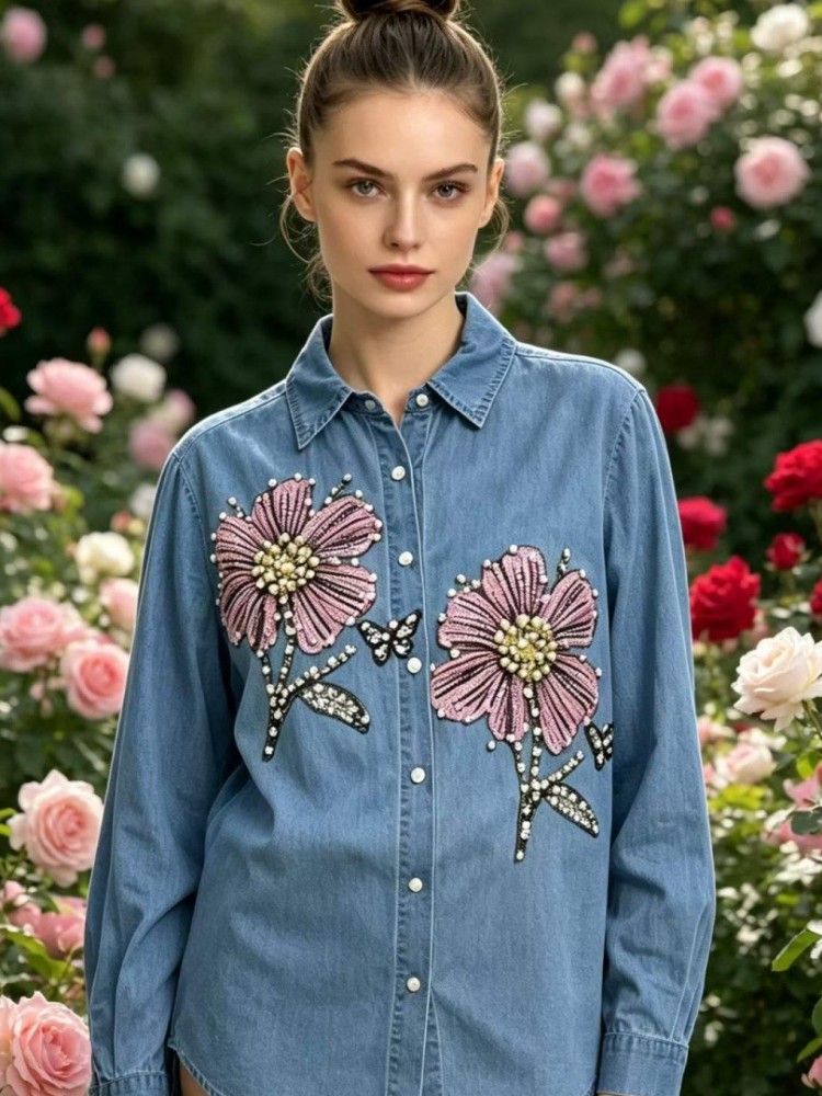 Women Denim Embroidery Blouses - Embroidery Blouse ulasan dan harga