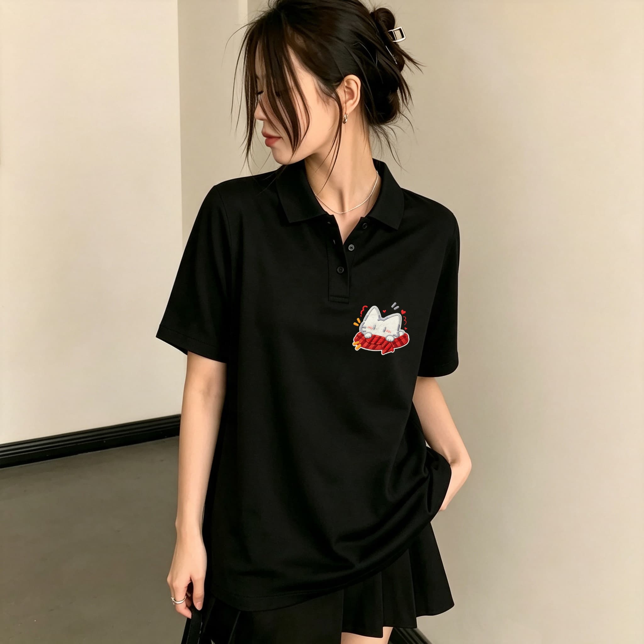 Women Black Lapel Collar Polo  - Embroidery On Black Shirt ulasan dan harga