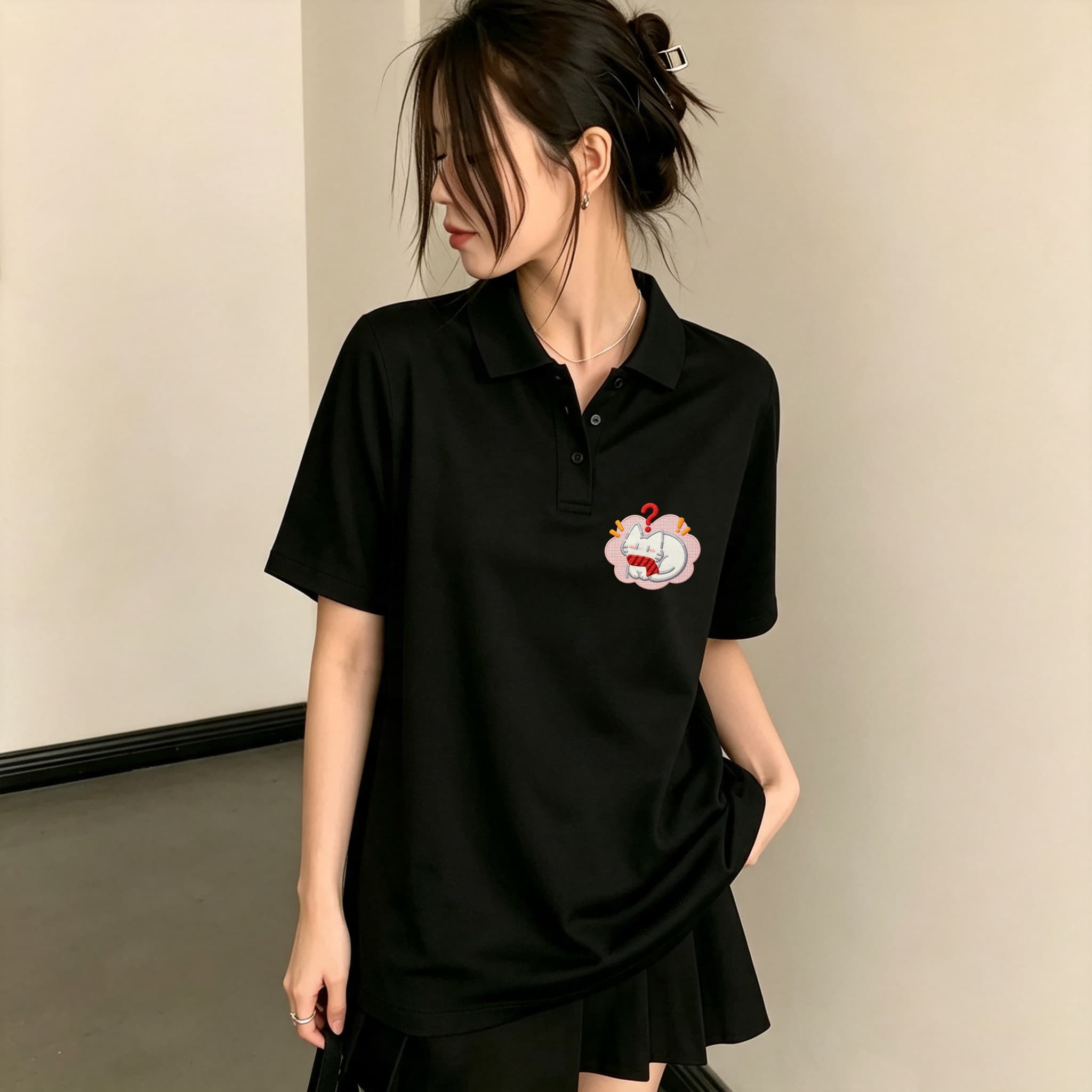 Women Black Lapel Collar Polo  - Embroidery On Black Shirt ulasan dan harga