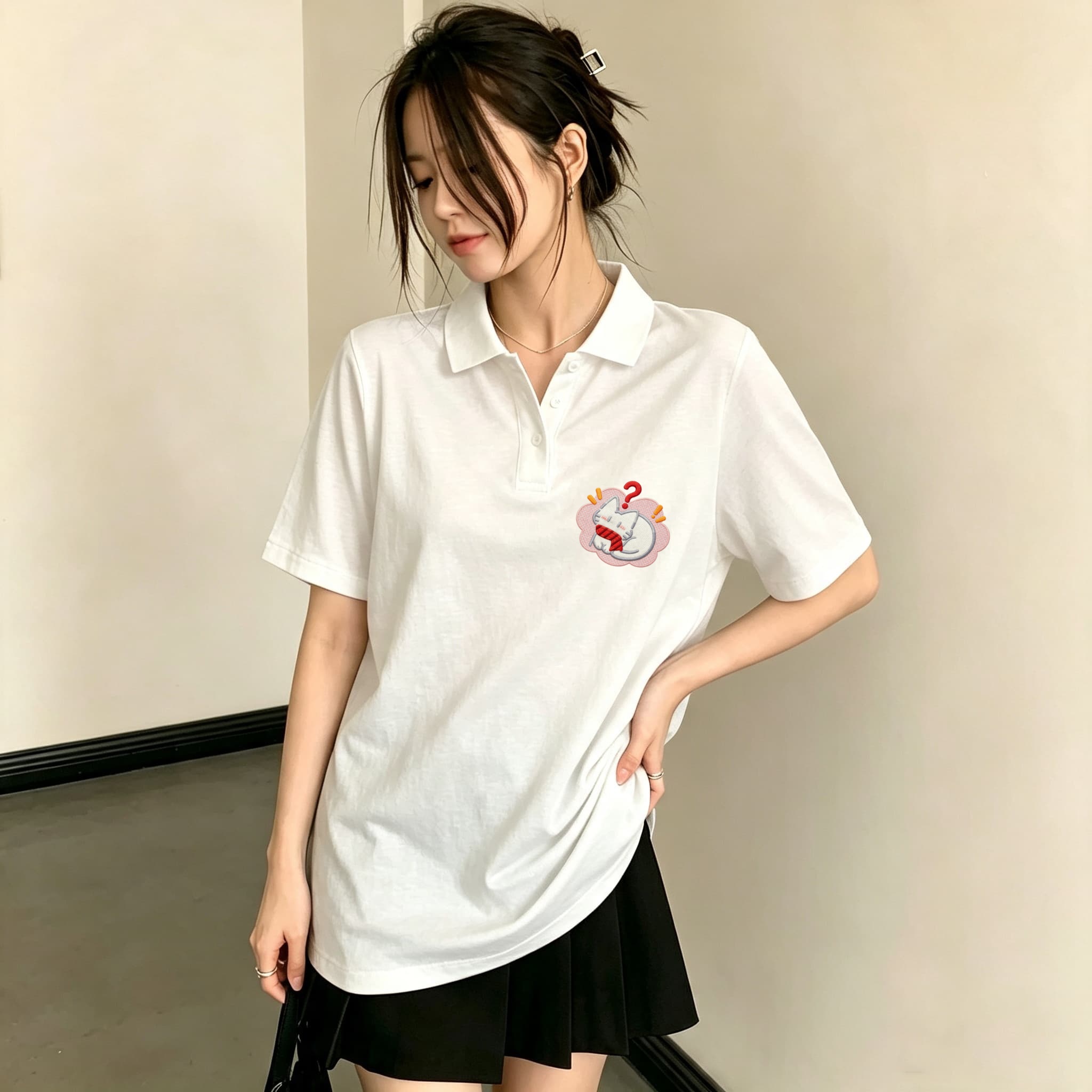Women Black Lapel Collar Polo  - Embroidery On Black Shirt ulasan dan harga